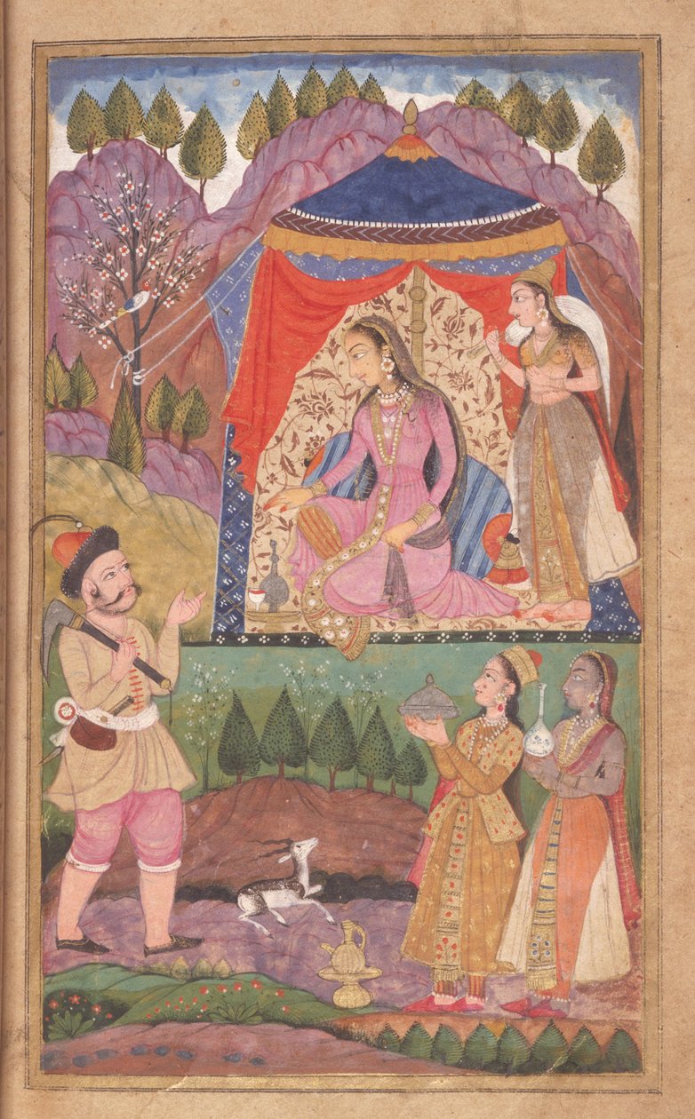 48.62 folio 138 Farhad berättar om sina äventyr för prinsessan Shirin, från Khusrau och Shirin, Deccani School, 1722 av Indian School