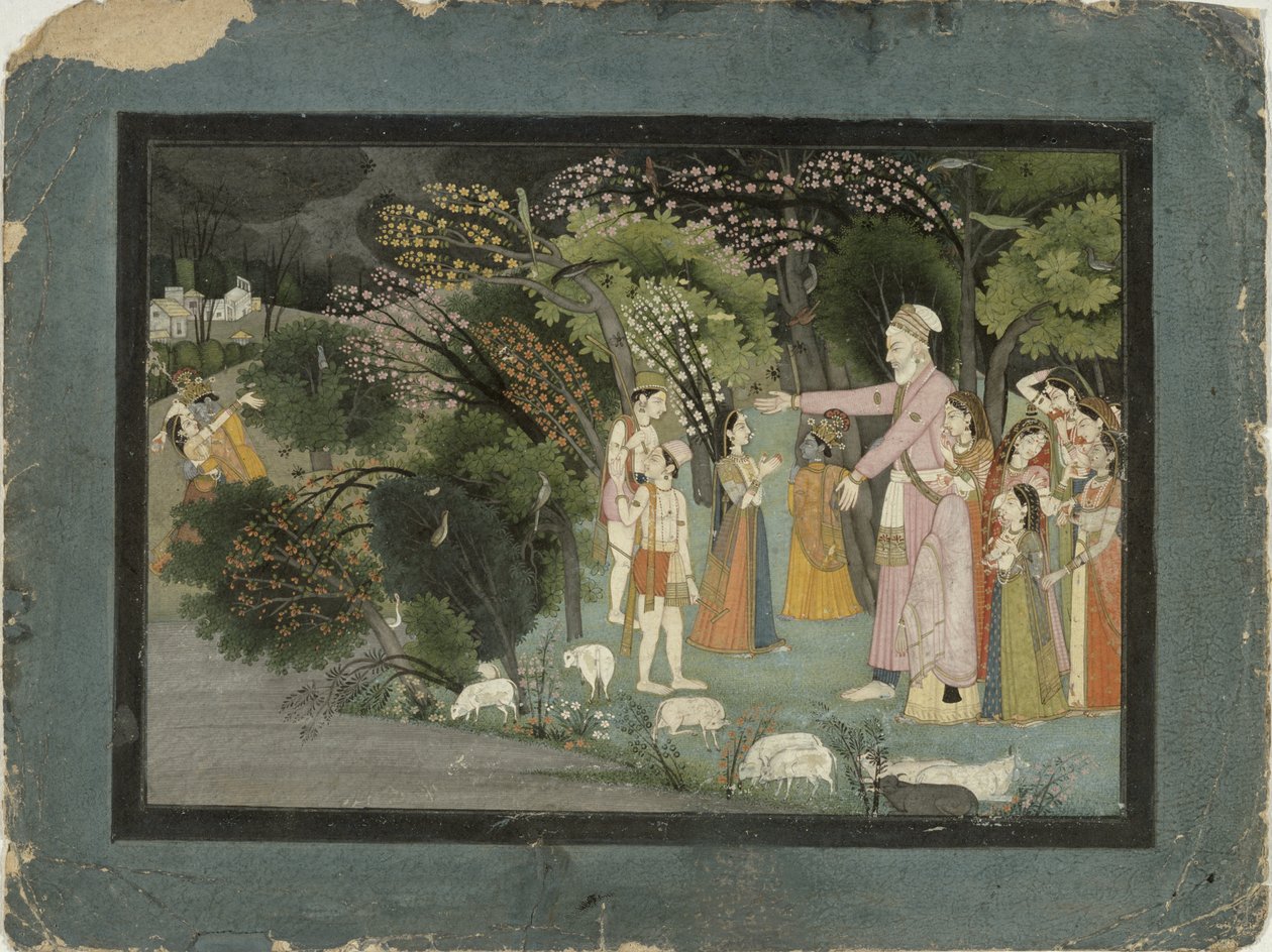 51.20728 Nanda ber Radha att eskortera Krishna hem, från Gita Govinda, Garhwal, Pahari School, 1790 av Indian School