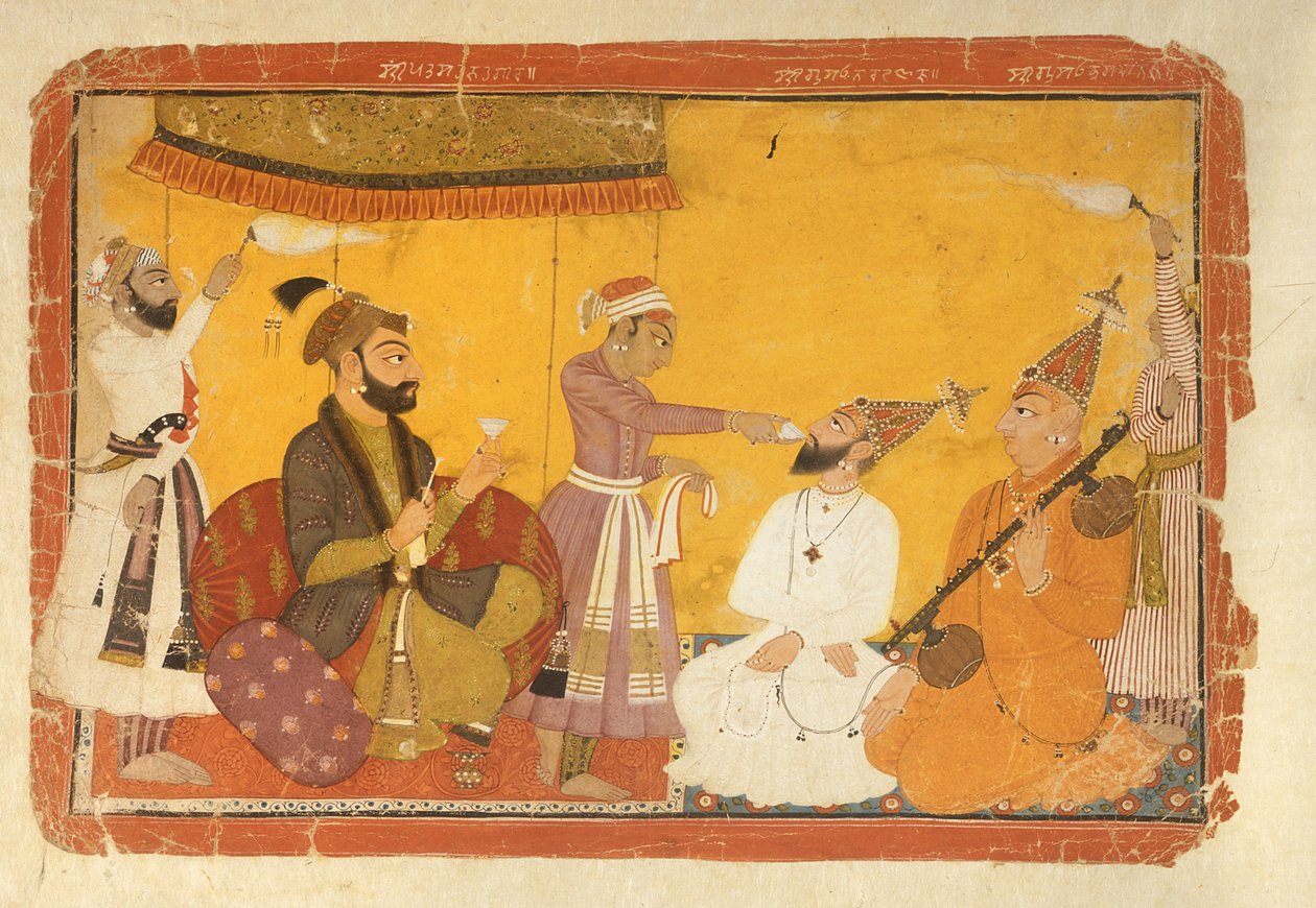 ]7.110359 Gosain Narayan tar gift i närvaro av kejsar Jahangir, Nurpur, Pahari School, 1725 av Indian School