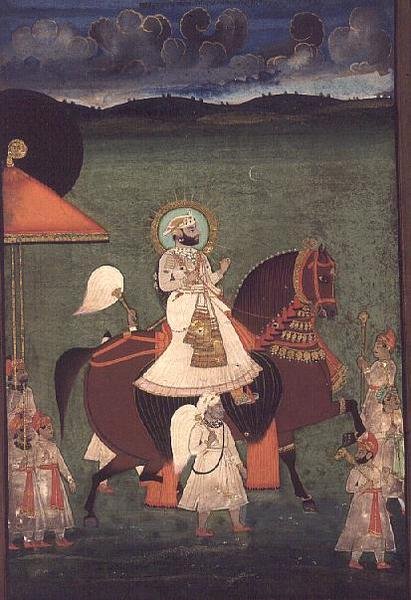 AS10 Album 43 nr.4514 Kat.nr. 514 iii Rana Sarup Singh (1842-61) från Mewar rider på en fux hingst, hans hållare till fots bär solskydd och kungliga utrustning, Udaipur, ca 1855 av Indian School