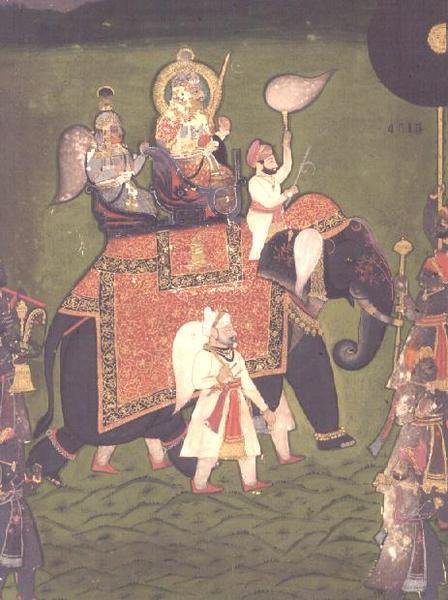 AS10 Album 43 nr 4515 Rana Jawan Singh (1828-38) från Mewar rider på en kaparisonerad elefant, ca 1835 (ogenomskinlig akvarell) av Indian School