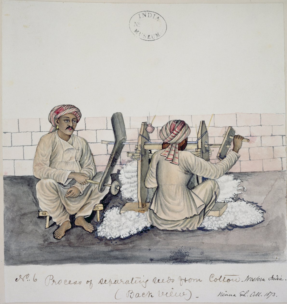 AS10 Vol.52 ff.3 4896.cat.201 i-iv Två män som rensar bomull, Bombay, ca 1873 (akvarell på papper) av Indian School