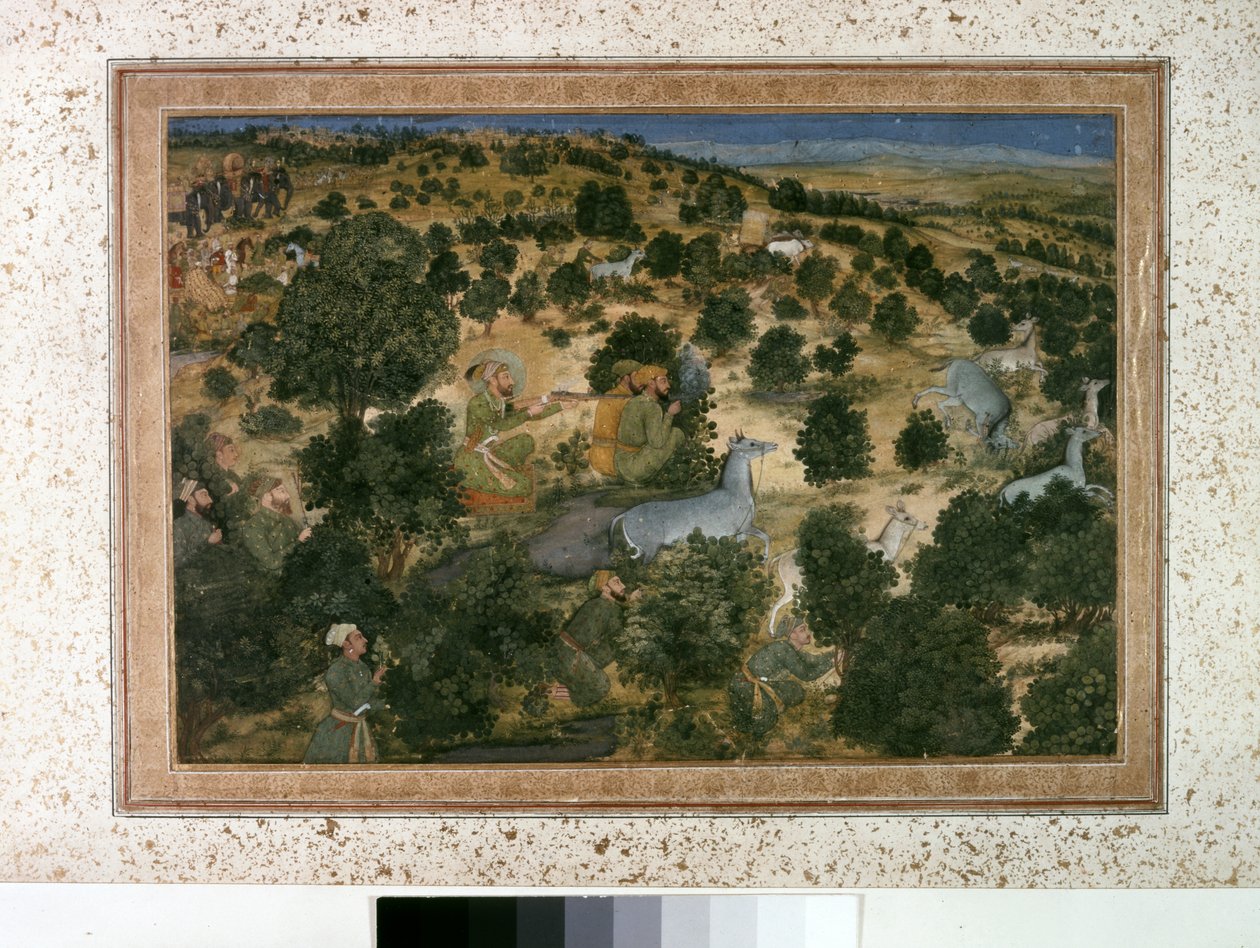 AURANGZEB: Awrangzib Hunts Nilgais, ca 1660 (miniatyr) av Indian School
