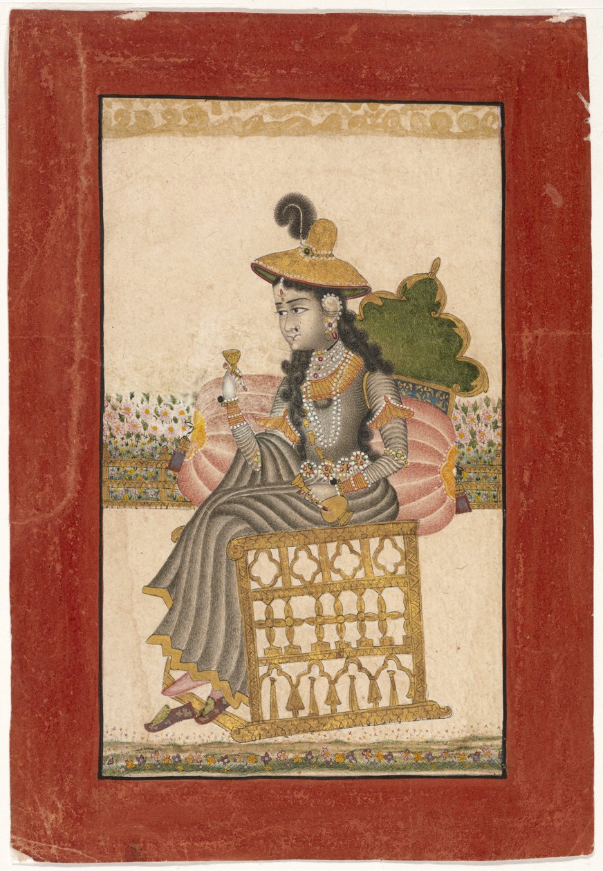 A Bejeweled Lady, Kota School, 1690-1720 (gouache med guld på papper) av Indian School