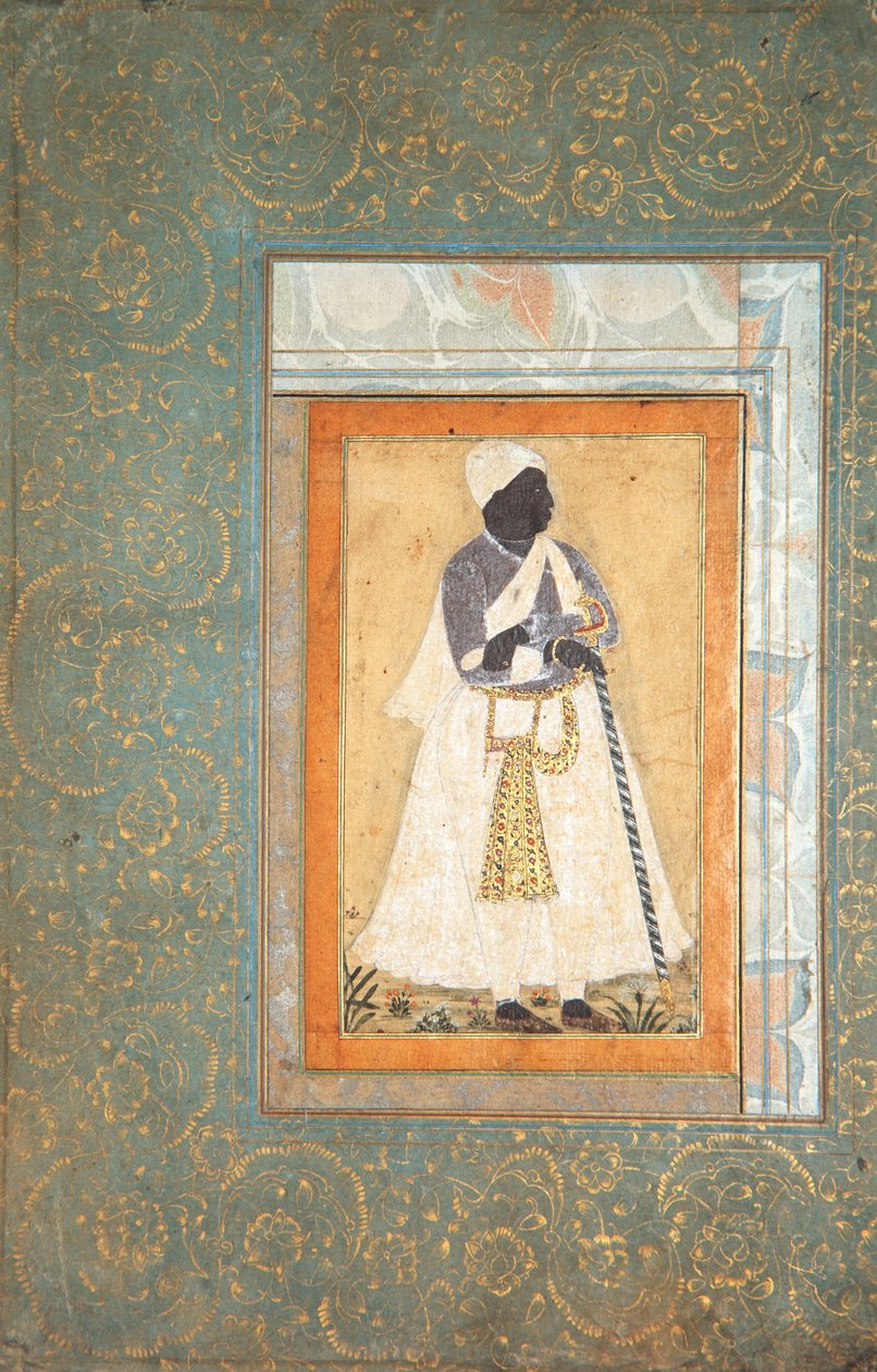 A Black Man Leans on a Long Staff, c.1682 (ogenomskinlig wc & guld på papper) av Indian School