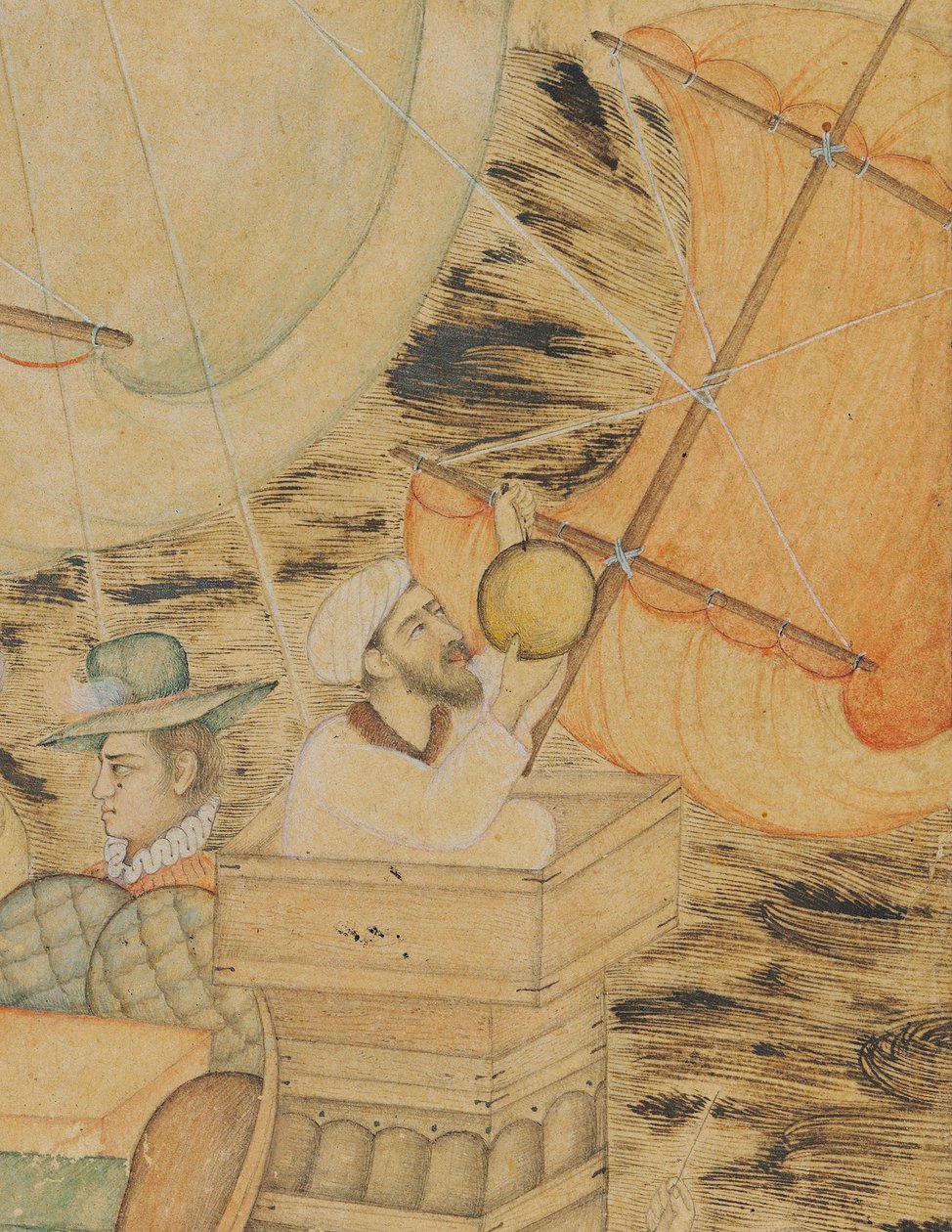 A Caravel Attacked by a Sea Monster, Mughal India, ca 1590 (ogenomskinliga pigment förhöjda med guld och silver på papper) av Indian School