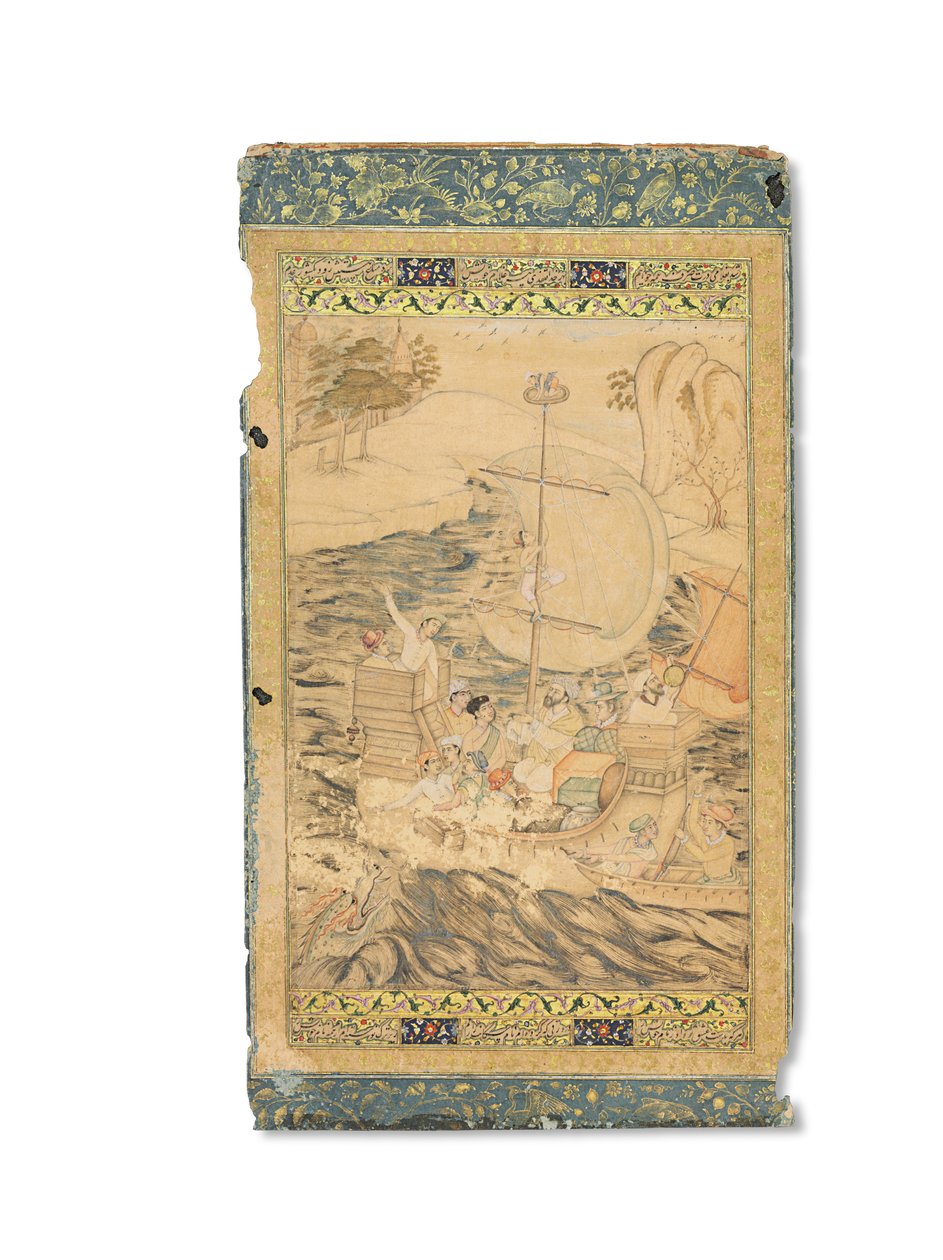A Caravel Attacked by a Sea Monster, Mughal India, ca 1590 (ogenomskinliga pigment förhöjda med guld och silver på papper) av Indian School
