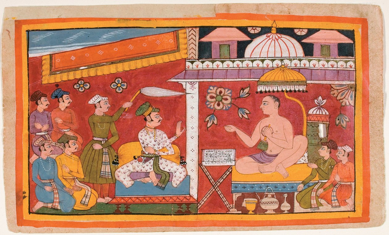 En jainlärare tar emot en prins och hans följe av Indian School