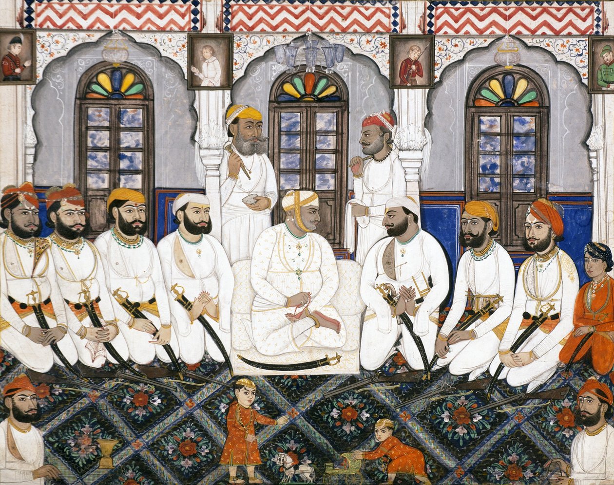 En Jaipur raja klädd för tillbedjan i durbar, ca 1845 (ogenomskinlig wc & guld på papper) av Indian School