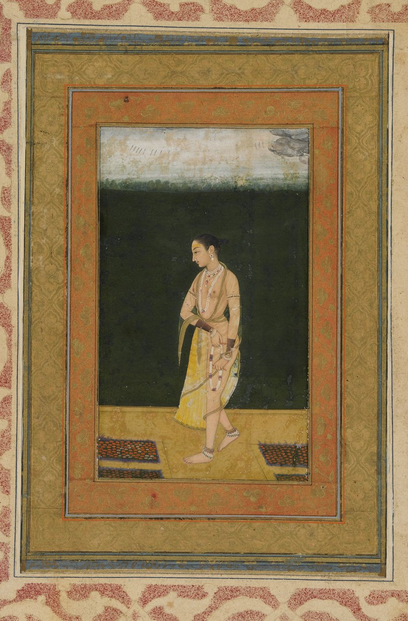 En dam går i en trädgård, Albumfolio med målning, c.1730 av Indian School