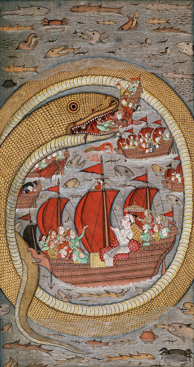En monstruös orm som slukar den kungliga flottan, ca 1670-1690 av Indian School