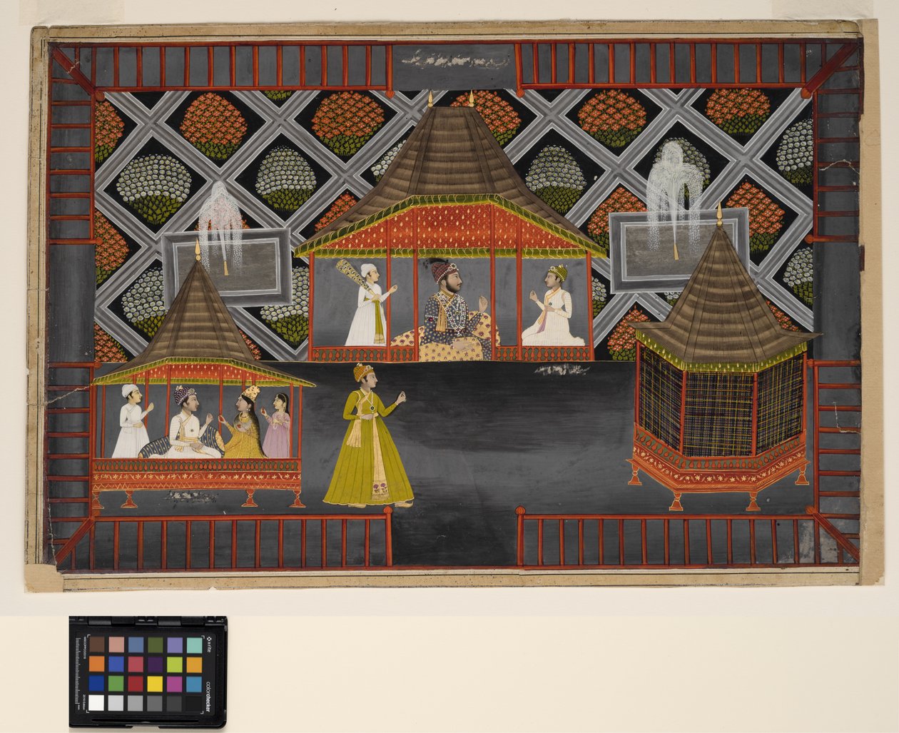 En Nawab och hans söner i en trädgårdspaviljong, ca 1770 (ogenomskinlig w/c, silver och guld på papper) av Indian School