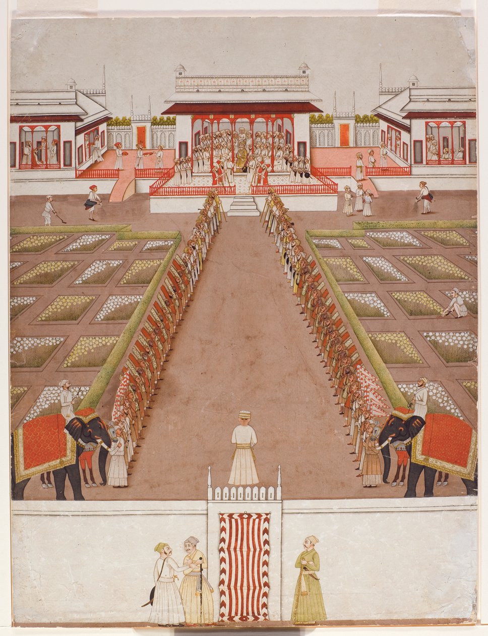 En gård för Nawab i en paviljong, bortom en aveny med hållare och två elefanter, ca 1765 (ogenomskinlig wc & guld på papper) av Indian School