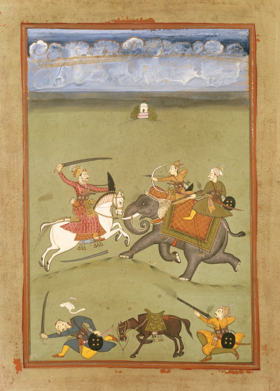 En prins som slåss mot sina fiender på en elefant, c.1710 av Indian School