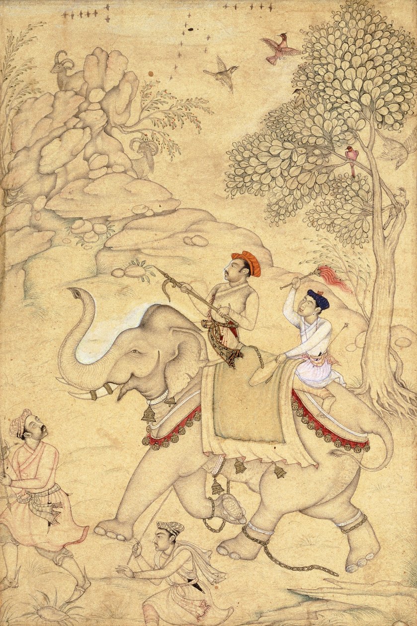 En prins på jakt, monterad på en elefant, ca 1600-1650 av Indian School