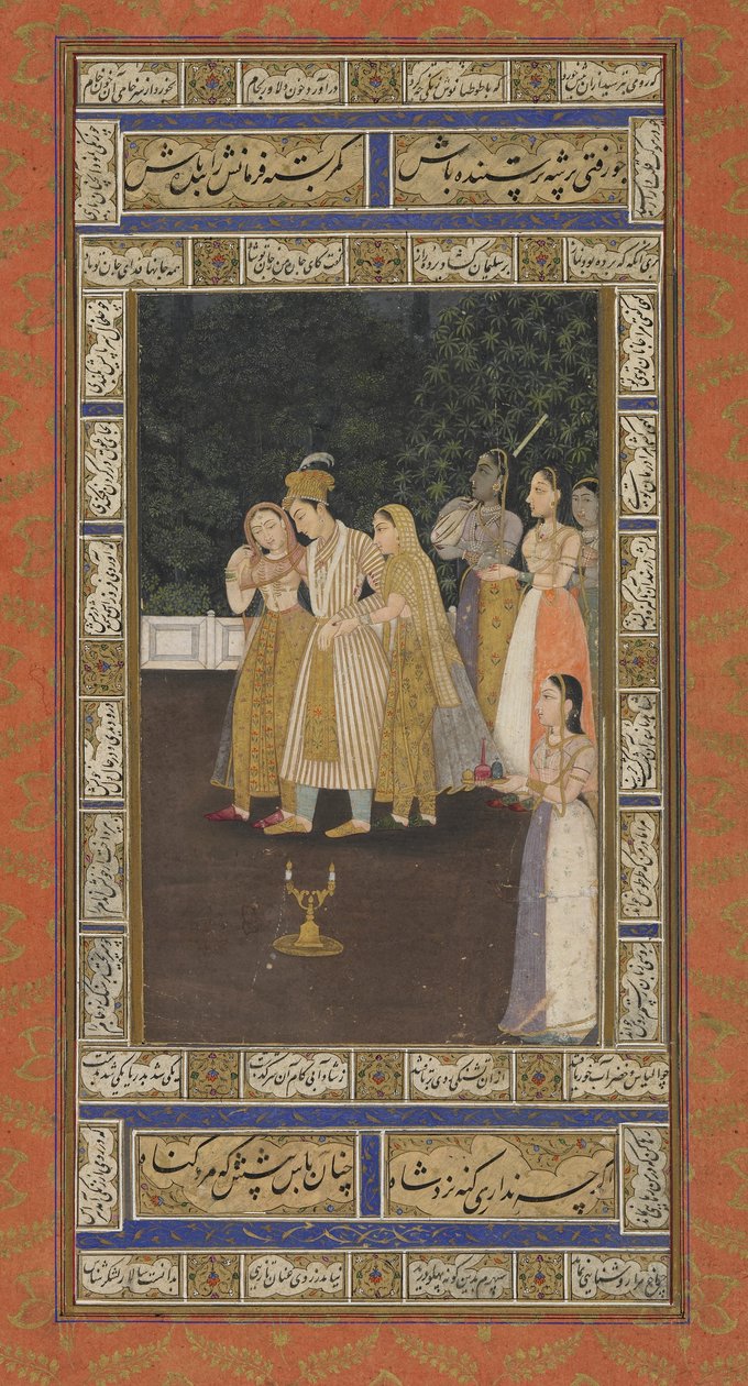 En prins med haremskötare, albumfolio med målning, tidigt 1700-tal (ogenomskinlig akvarell, bläck och guld på papper) av Indian School