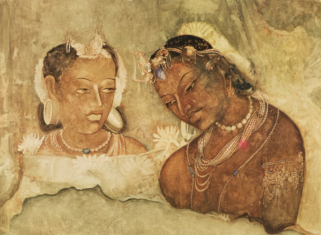 En prinsessa och hennes tjänare, kopia av en fresk från Ajanta-grottorna, Indien av Indian School