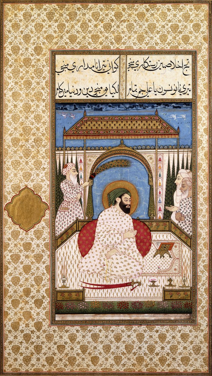 En sufihärskare Nimbate som läser en Koran på en terrass, ca 1700 av Indian School