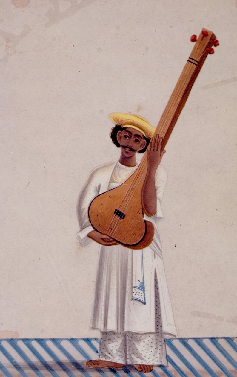 En Tambura-spelare, ca 1830 (gouache på glimmer) av Indian School