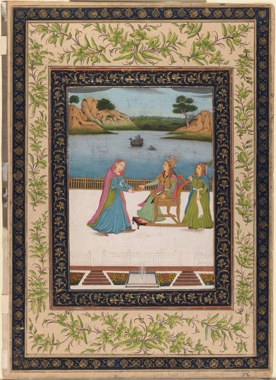 A Woman is Served Fruit on a Terrace, c.1770 (ogenomskinlig wc, guld & silver på papper) av Indian School