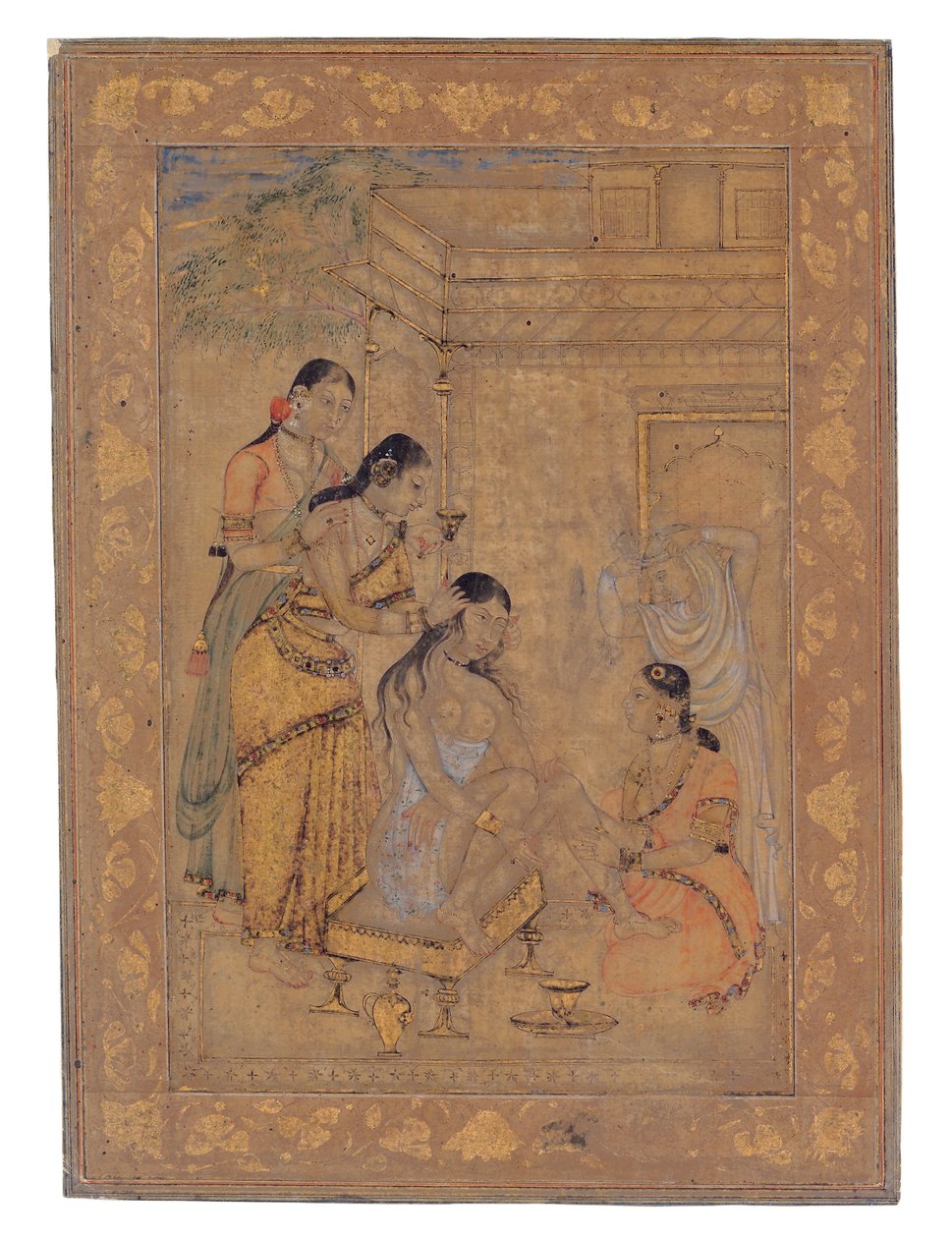 A Young Womans Toilette, 1675-1700 (ogenomskinlig wc & guld på papper) av Indian School
