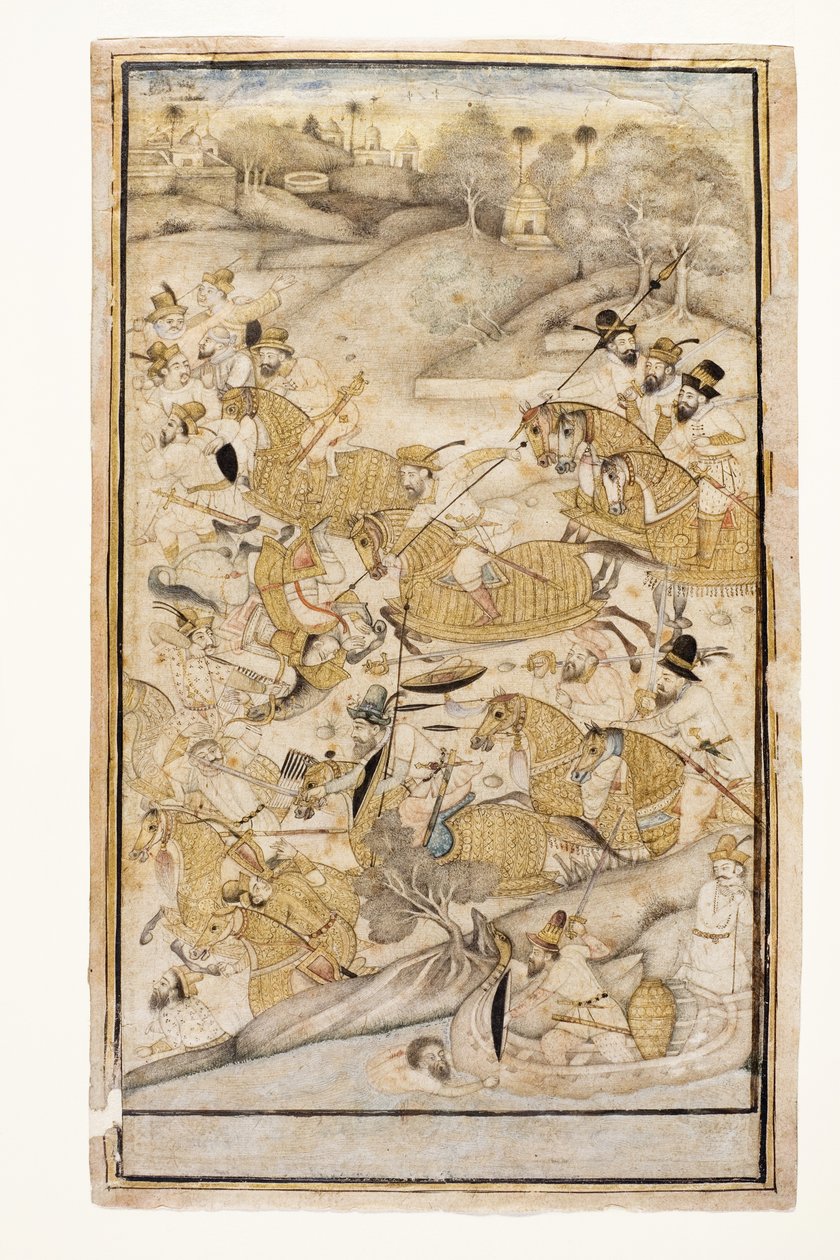 En strid utkämpad av européer, ca 1700 (ogenomskinlig wc & guld på papper) av Indian School