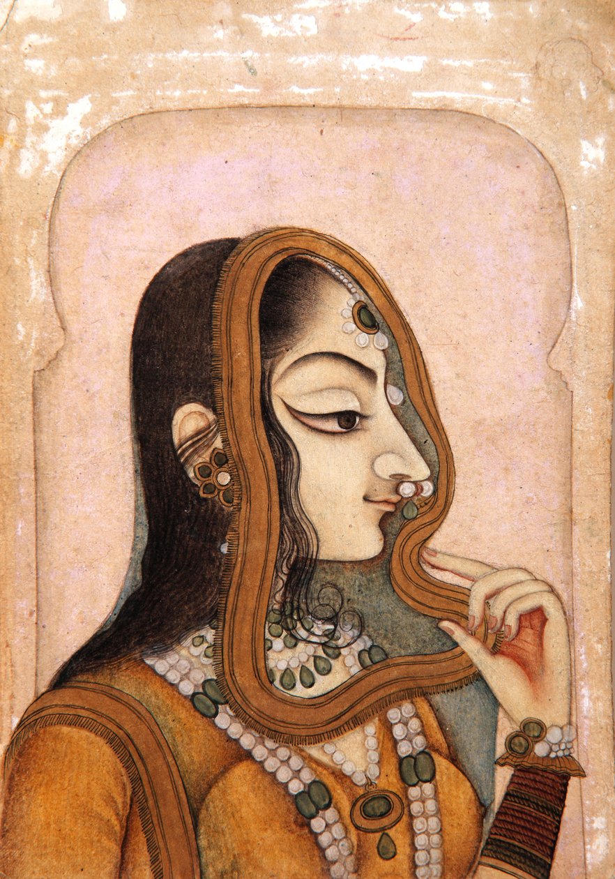 En vacker kvinna, inramad av en båge, ca 1800 (ogenomskinlig wc & guld på papper) av Indian School