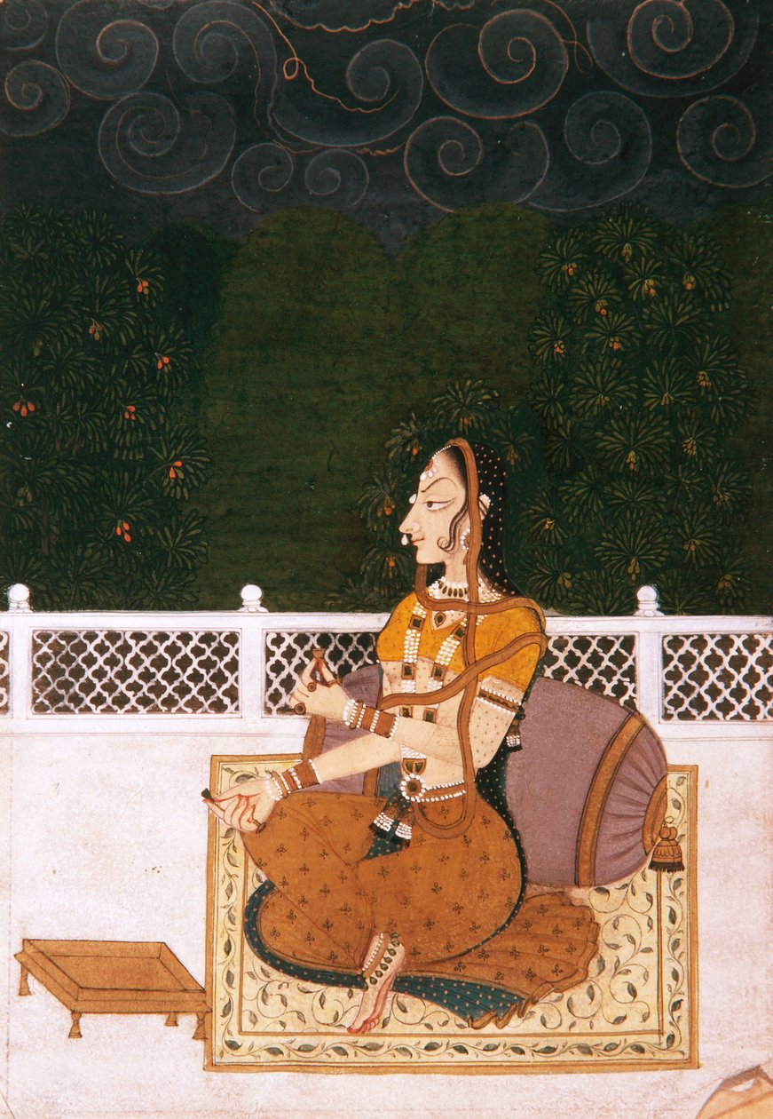 En vacker kvinna sittande mot ett bolster, ca 1775 (ogenomskinlig wc & guld på papper) av Indian School