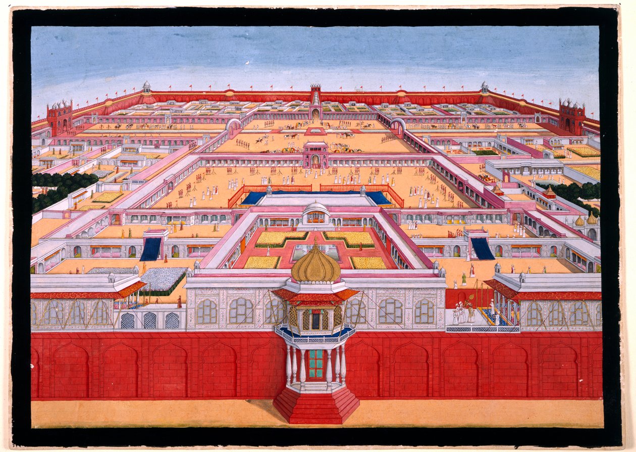 Fågelperspektiv av Röda fortet i Delhi från öster, med en kejsare, troligen Shah Alam (1759-1806), som går in i Diwan-i-Khas till höger, ca 1780-90 (opak akvarell)) av Indian School