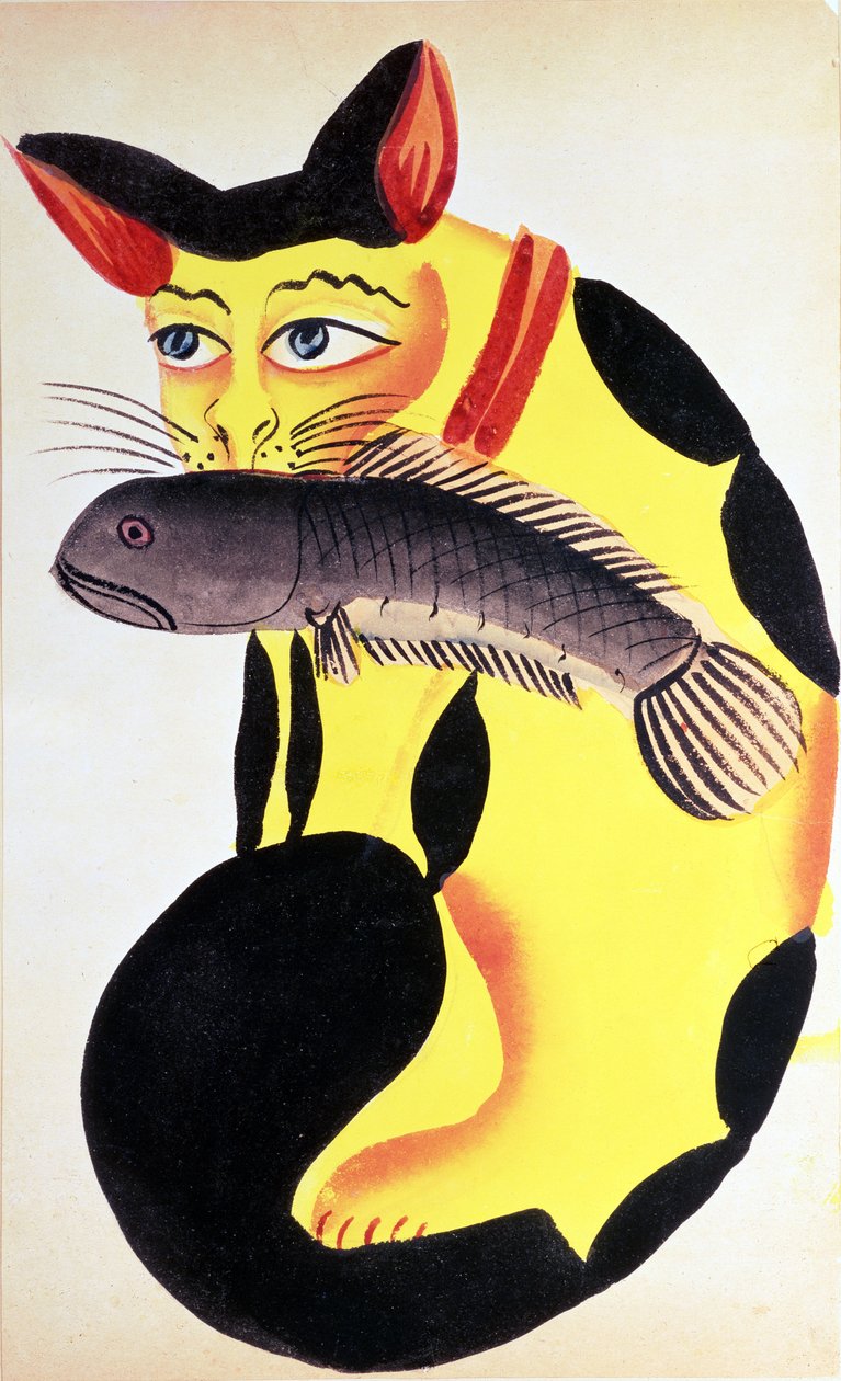 En katt med en fisk i munnen, från Rudyard Kipling-samlingen, Calcutta, ca 1890 (wc på papper) av Indian School