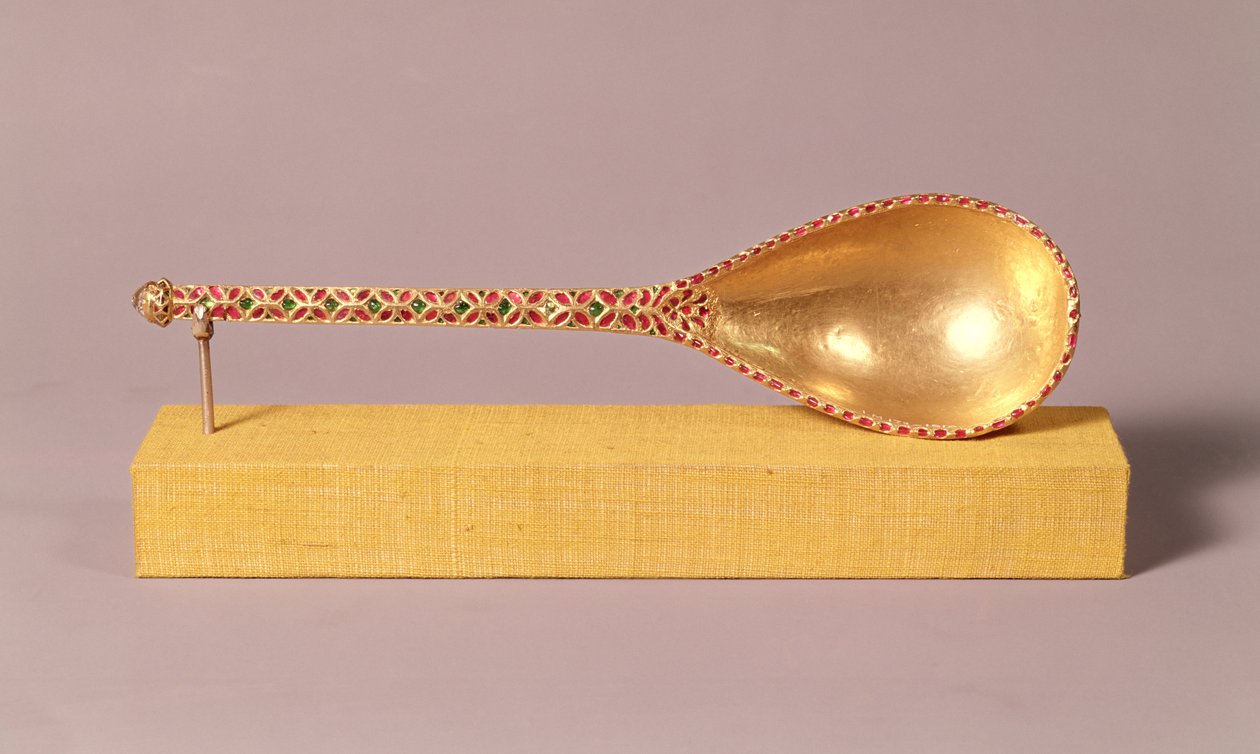 En ceremoniell sked smyckad med rubiner, smaragder och en diamant, Mughal (guld och ädelstenar) av Indian School