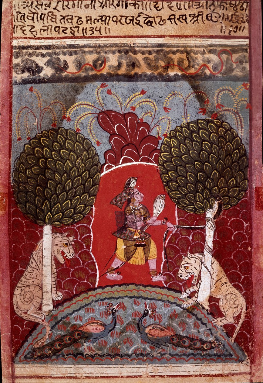 En kobraorm fångas i en skog befolkad med djur Miniatyr av skolan i Malwa (indisk) omkring 1680 Privat samling av Indian School