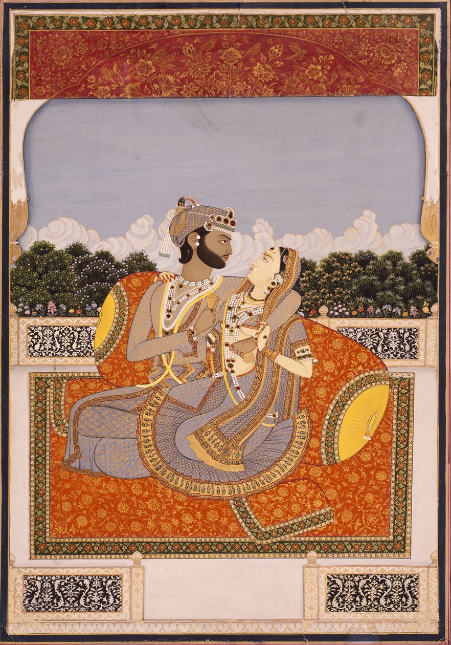 Ett par omfamnar på en terrass, ca 1835 (ogenomskinlig wc, lack, guld & glas på papper) av Indian School