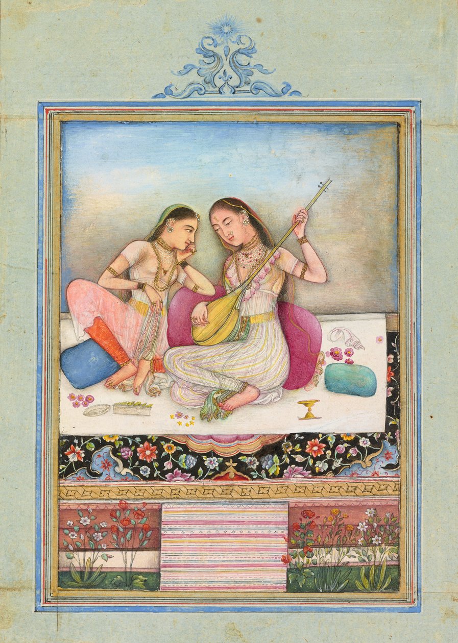En flicka som spelar tambur medan hennes följeslagare lyssnar, ca 1660 av Indian School