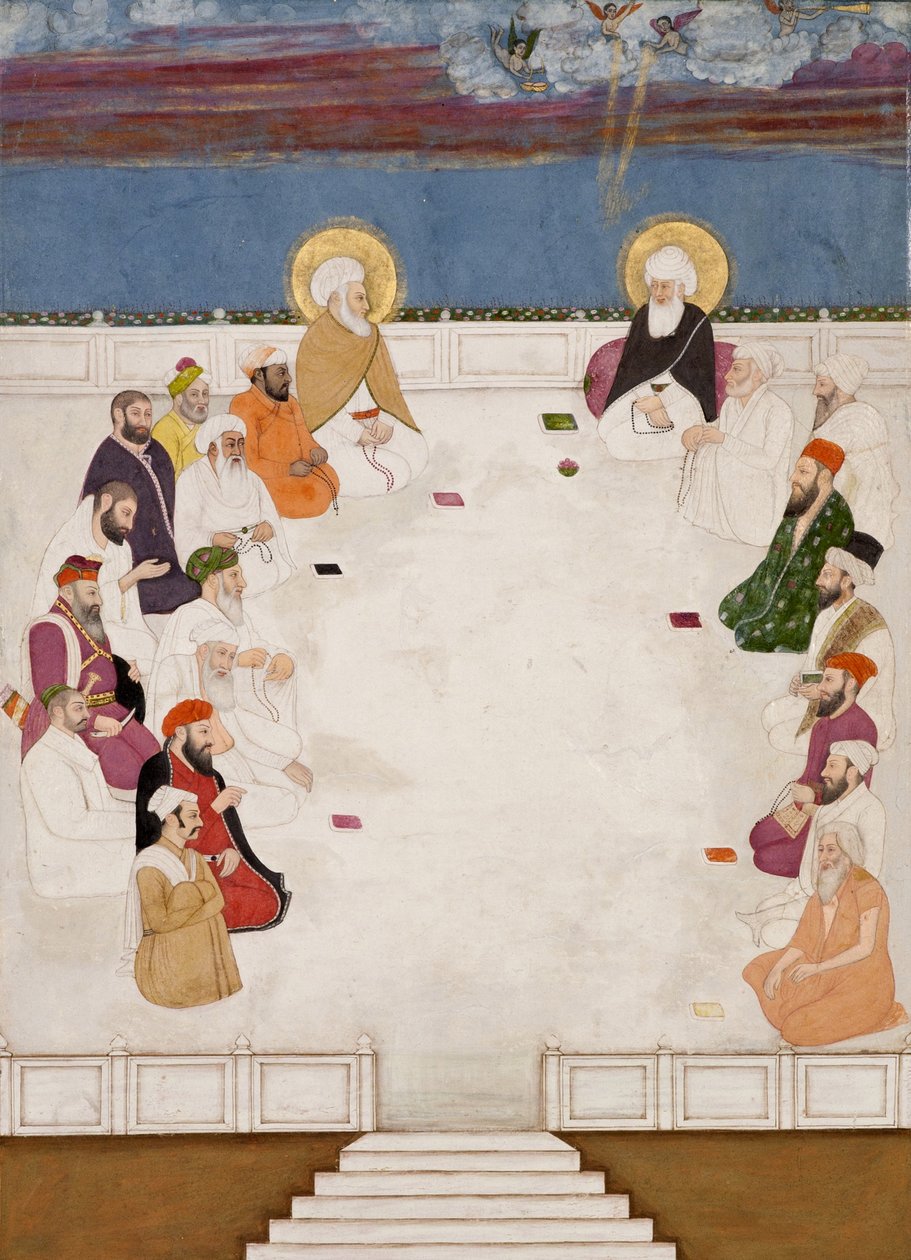 En grupp indiska helgon och heliga män, inklusive Mullah Shah och Aurangzeb, sittande, ca 1725 (ogenomskinlig wc & guld på papper) av Indian School