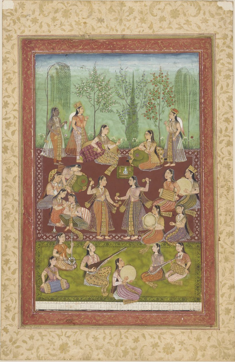En grupp kvinnor i en trädgård som underhåller sig med musik och dans (färg & guld på papper) av Indian School