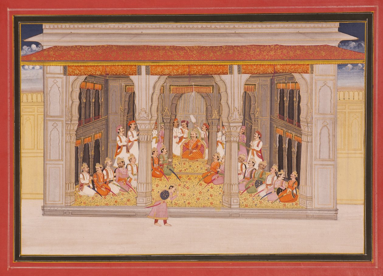 En kung i durbar i en paviljong, 1760 (ogenomskinlig wc & guld på papper) av Indian School