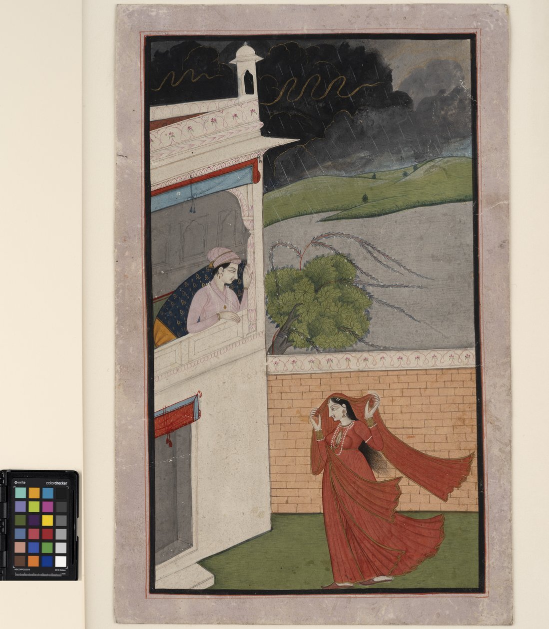 En dam kommer till sin älskares hus i en regnstorm, ca 1830 (ogenomskinlig w/c och guld på papper) av Indian School