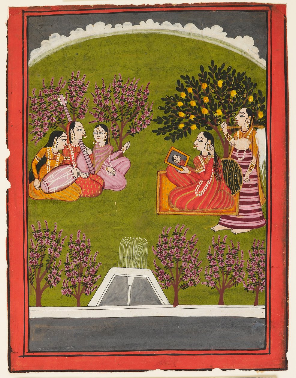 En dam som sitter med en spegel i en trädgård, med en piga och tre musiker, ca 1909 (gouache på papper) av Indian School
