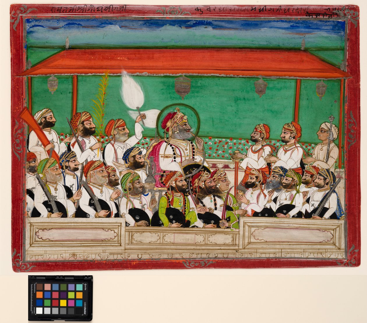 En maharana som röker sin vattenpipa i durbar, ca 1870 (ogenomskinlig akvarell och guld på papper) av Indian School