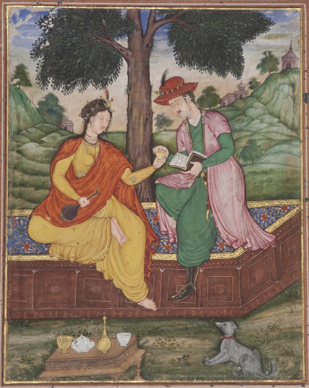 En man och kvinna sitter under ett träd, ca 1590 (ogenomskinlig wc på papper) av Indian School