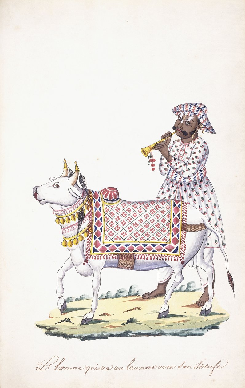 En man med sin oxe, ca. 1825 (penna, penna, svart bläck, w/c, på Whatman-papper) av Indian School