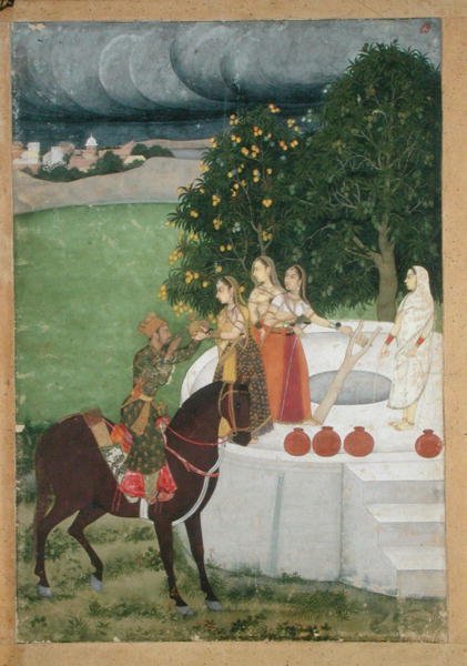 En beriden prins som tar emot vatten från damer vid en brunn, miniatyr från Murshidabad, ca 1760 (gouache på papper) av Indian School