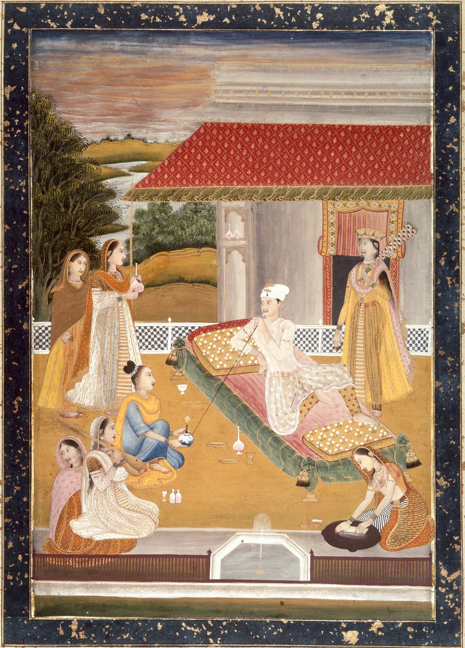 En prins som röker (akvarell på papper) av Indian School