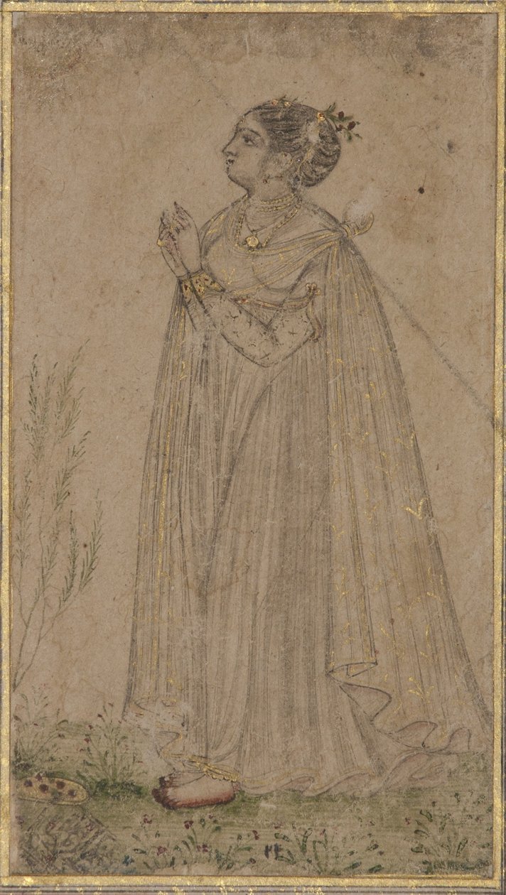 En prinsessa dyrkar solen, ca 1600 (ogenomskinlig wc & guld på papper) av Indian School