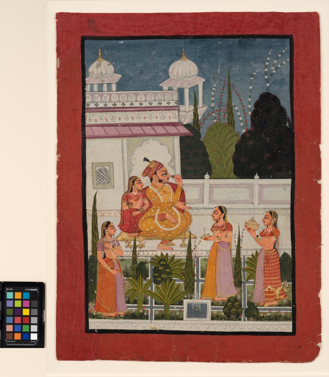 En raja på en terrass med sin rani, deltog av tre kvinnor, sent 1700-tal (ogenomskinlig akvarell på papper) av Indian School