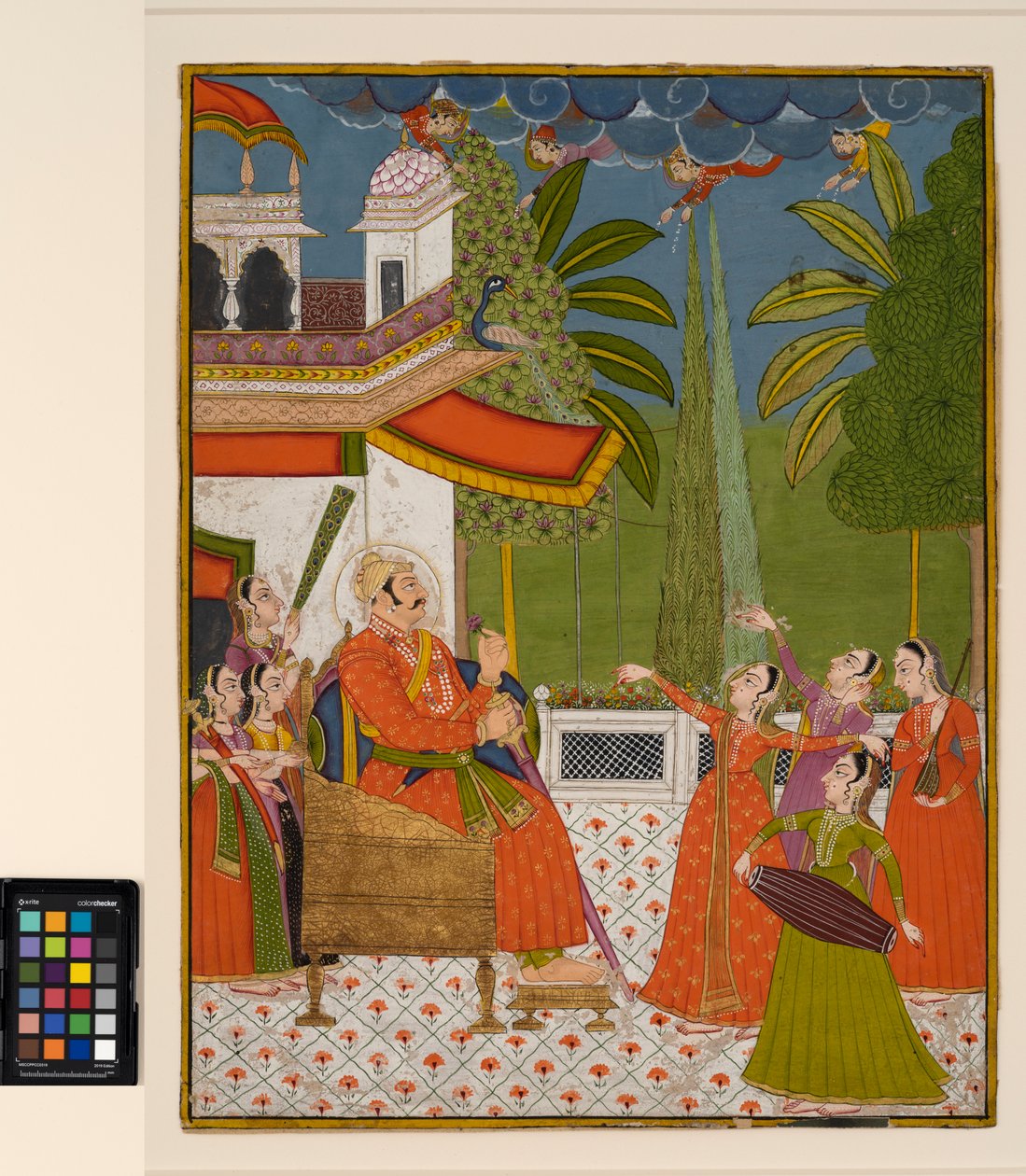 En raja på en tron som underhålls av dansare och musiker, ca 1775 (ogenomskinlig akvarell på papper) av Indian School