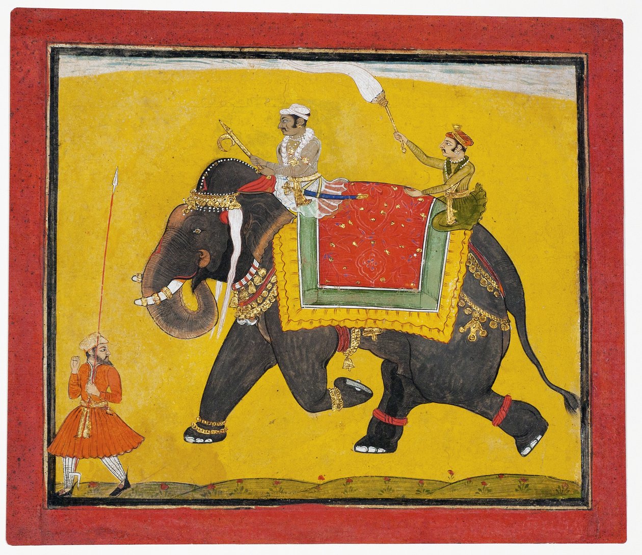 En raja som rider på en elefant, ca 1690 (ogenomskinlig wc på papper) av Indian School