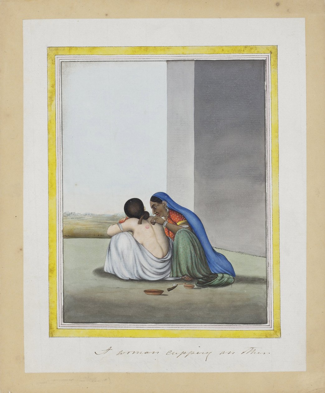 En kvinna som koppar en annan, ca 1815 (ogenomskinlig wc på papper) av Indian School