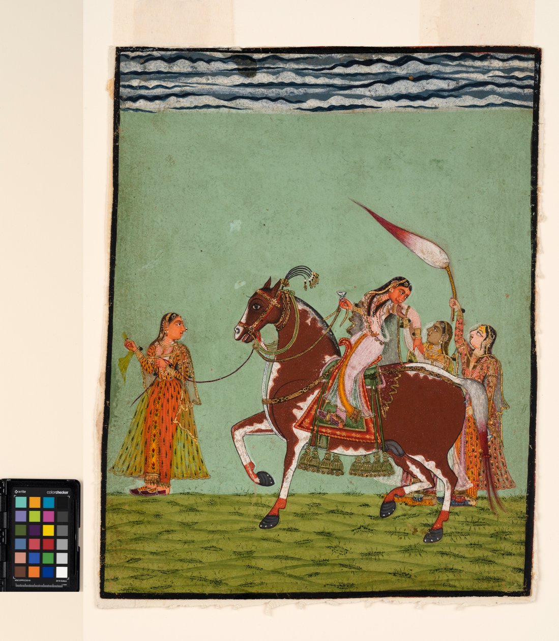 En kvinna till häst med tre skötare, ca 1735 (ogenomskinlig akvarell på papper) av Indian School